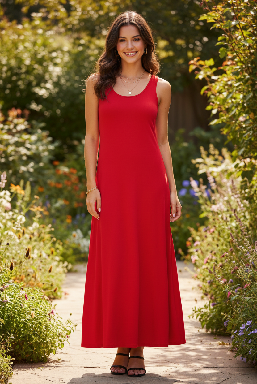 Red wide strap maxi tank dress full length front — brunette model standing in garden patio with black strappy heels