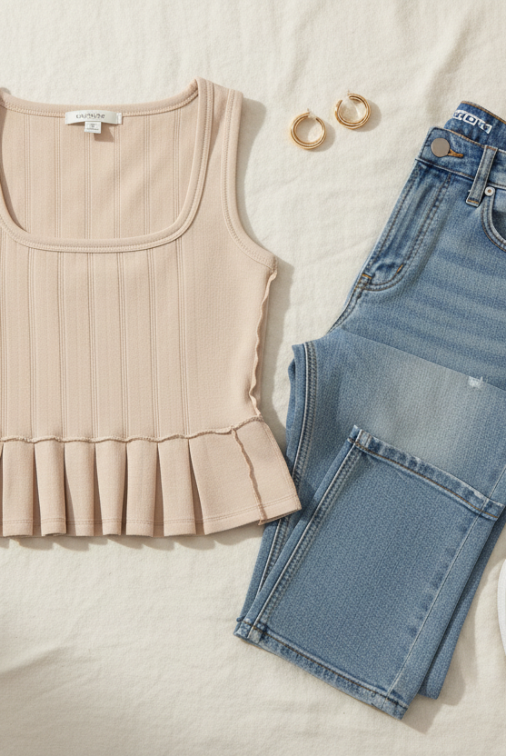 Styled flat lay of oatmeal ribbed knit peplum tank with square neckline and pleated hem, paired with light wash straight-leg jeans and gold hoop earrings