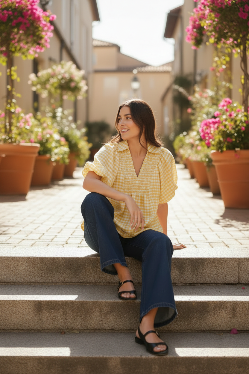 Candid seated outdoor lifestyle shot of Umgee lemon gingham smocked yoke puff sleeve blouse styled with wide-leg dark denim and sandals