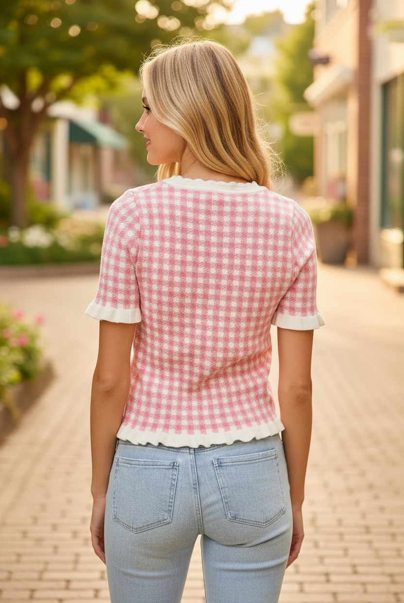 Pink and white gingham knit sweater top back view showing ribbed ruffle hem and ruffled sleeve cuffs, SO ME boutique top