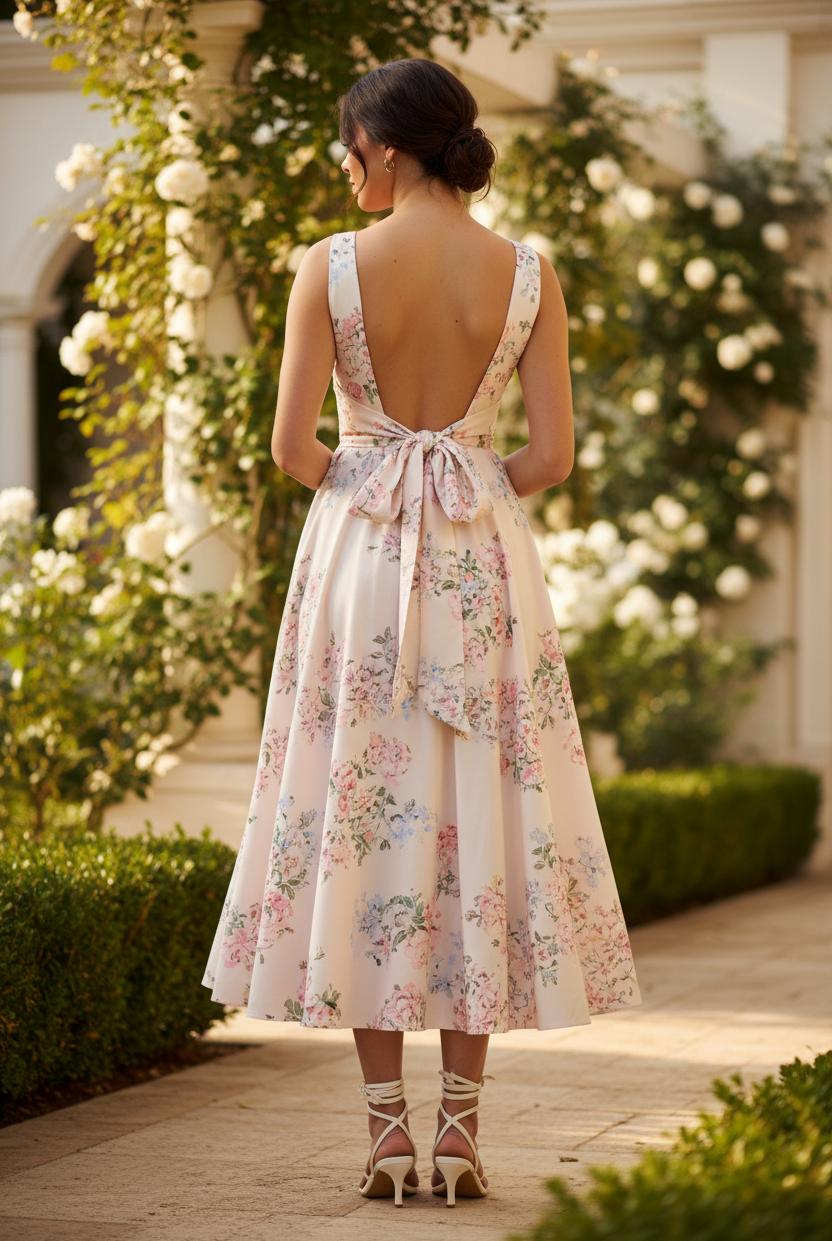 Back view of blush floral midi dress showing open back with self-tie bow closure, wide shoulder straps, and full A-line pleated skirt falling to ankle