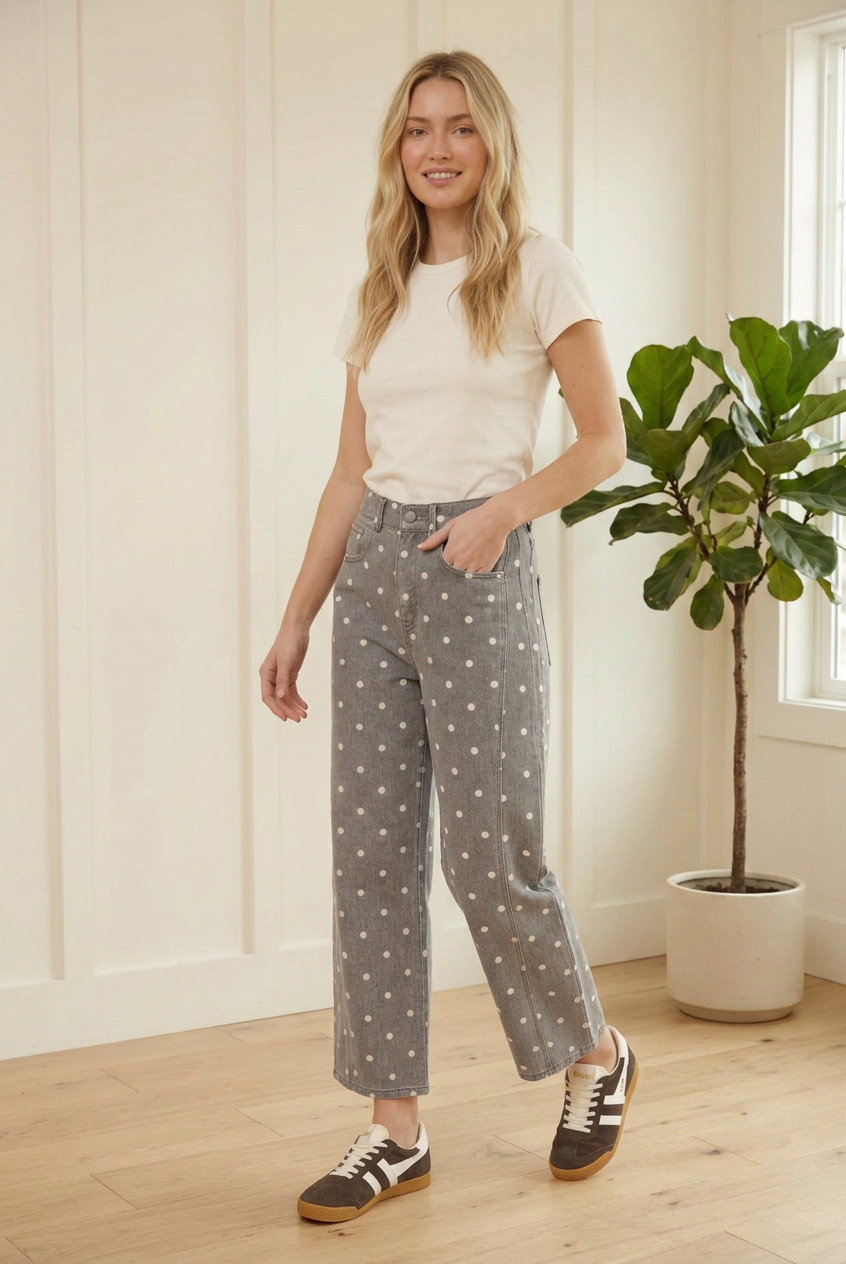 Walking view of charcoal barrel jeans with white polka dots, curved side panels and cropped hems, styled with sneakers.