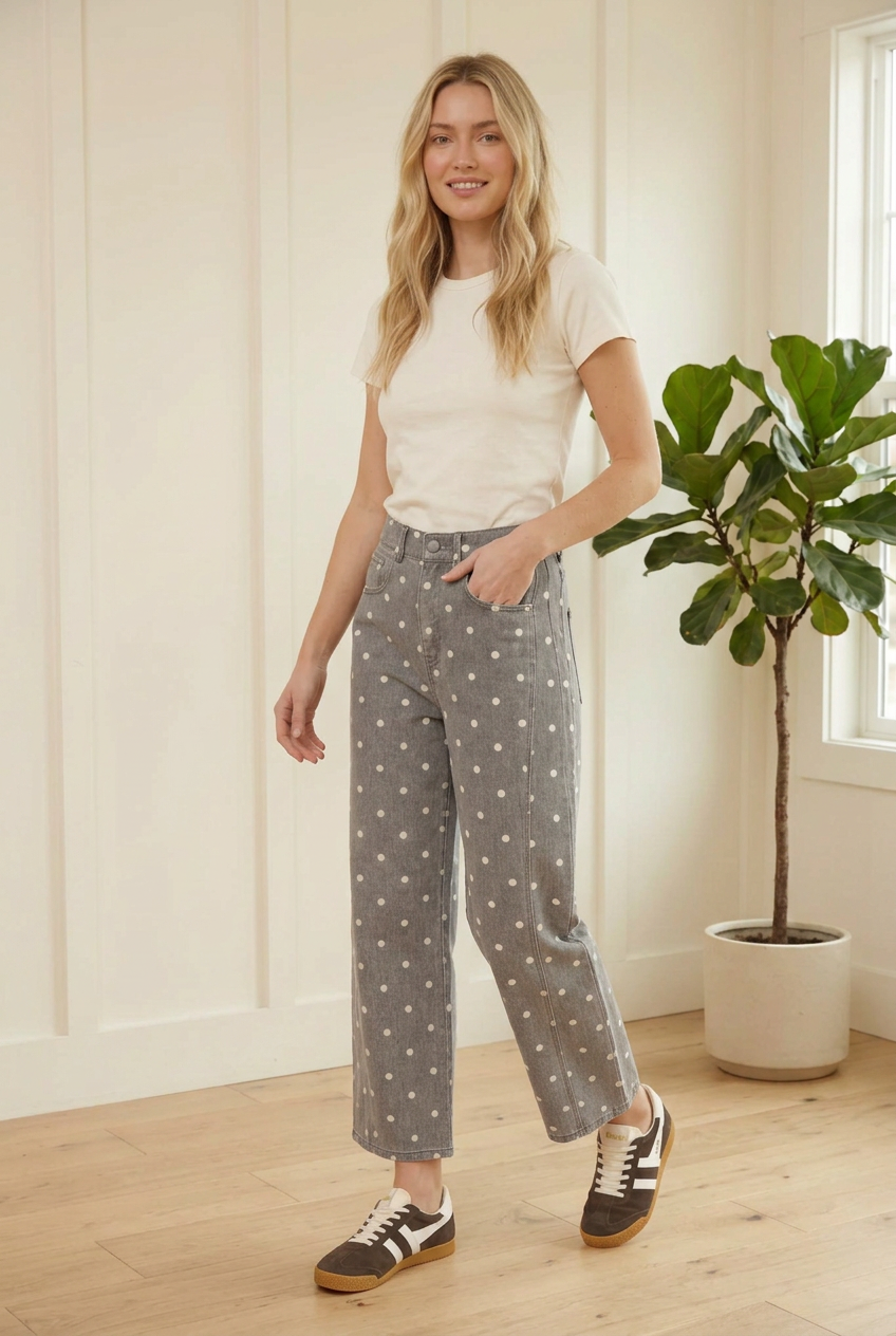 Walking view of charcoal barrel jeans with white polka dots, curved side panels and cropped hems, styled with sneakers.