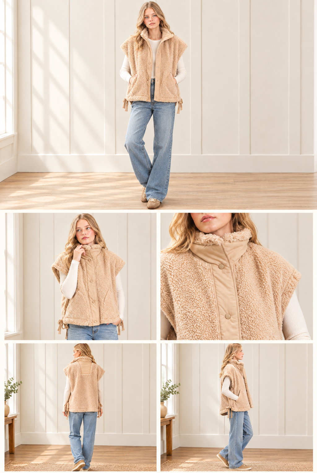 Beige high collar sherpa vest collage showing front, back, side, snap details and styling with jeans