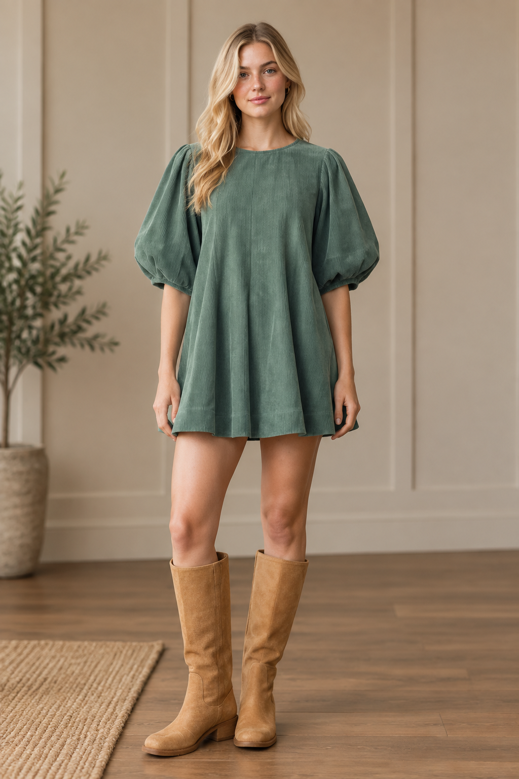 Sage green corduroy mini dress with bubble sleeves and flared silhouette from Thread Bar Boutique