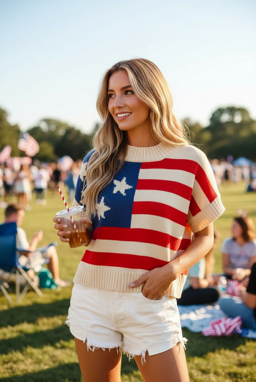 Blonde woman in a cream knit American flag sweater top with blue star canton and red cream horizontal stripes, short dolman sleeves and ribbed hem, paired with distressed white denim cutoff shorts — front full-length