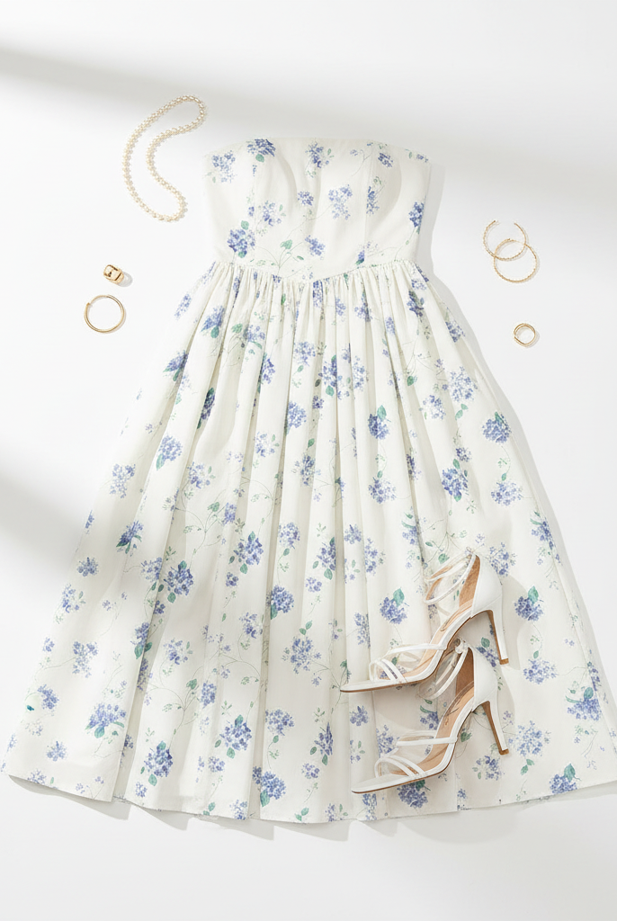 White Blue Floral Strapless Midi Dress styled flat lay with accessories from Thread Bar Boutique
