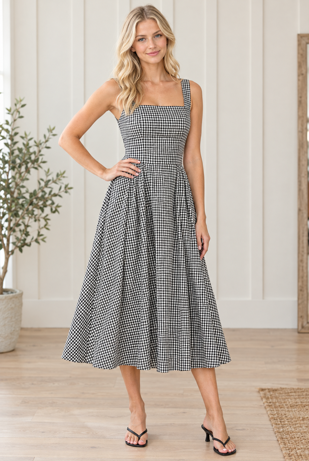 Black and white gingham square neck midi dress with defined waist and pleated skirt, hand on hip view