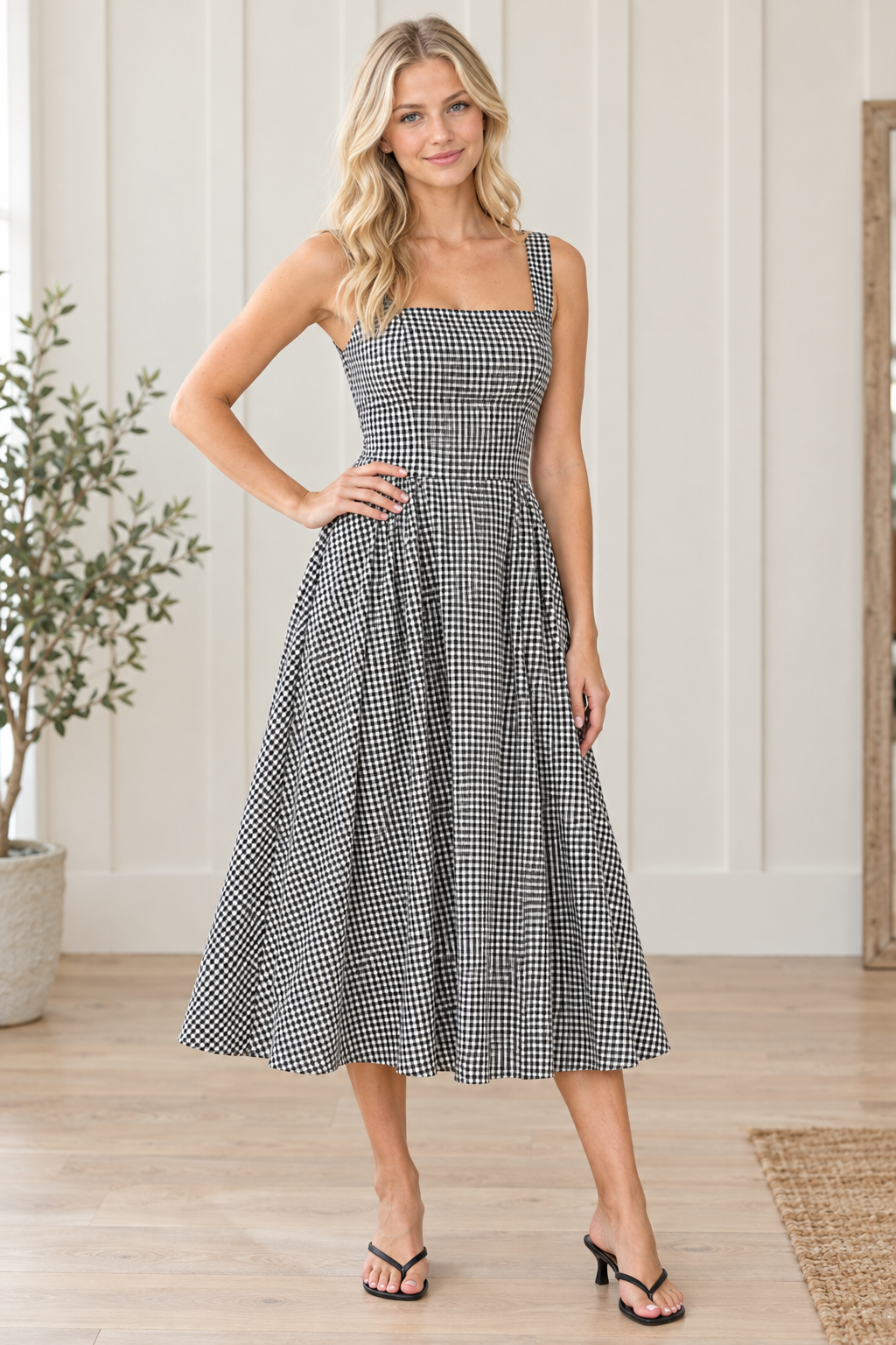 Black and white gingham square neck midi dress with defined waist and pleated skirt, hand on hip view