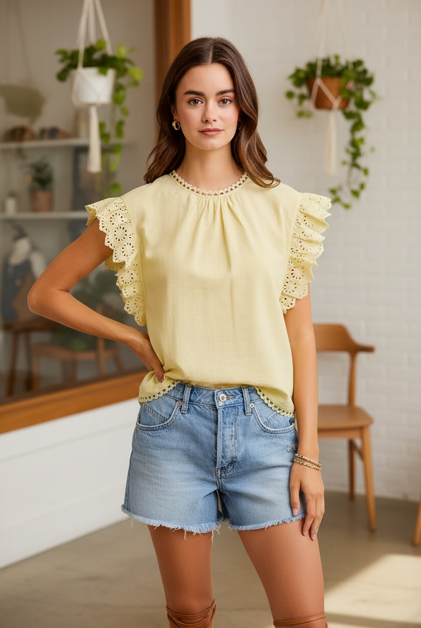 BiBi creamy yellow cotton ruffle eyelet sleeve blouse with lace trim neckline and scalloped hem, styled with light wash denim shorts and tan strappy sandals, women's boutique top at Thread Bar Boutique