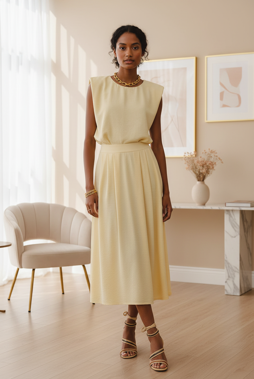 Chloe balloon top with matching box-pleated midi skirt in elegant setting