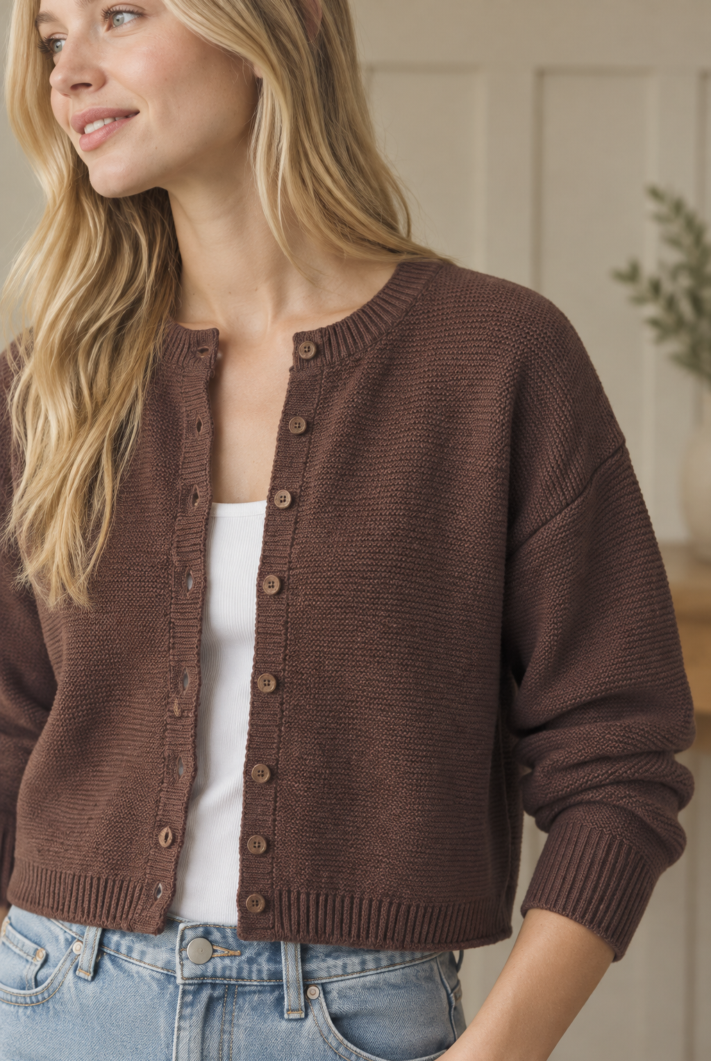 Cropped button down cardigan detail with round neckline, buttons, and ribbed knit texture from Thread Bar Boutique