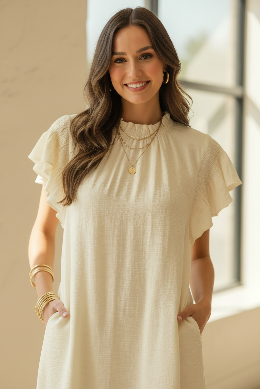 Cream Ruffle Flutter Sleeve Dress neckline detail for women from Thread Bar Boutique
