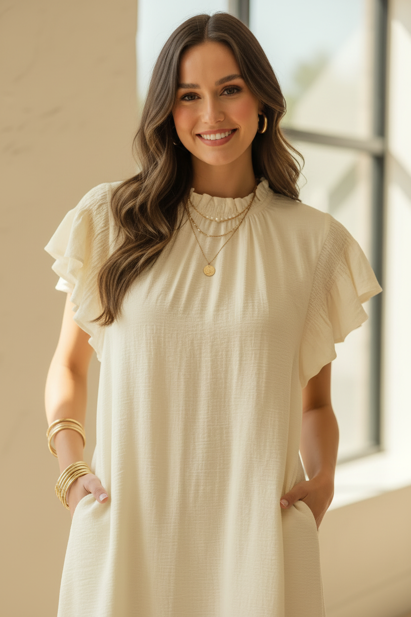 Cream Ruffle Flutter Sleeve Dress neckline detail for women from Thread Bar Boutique