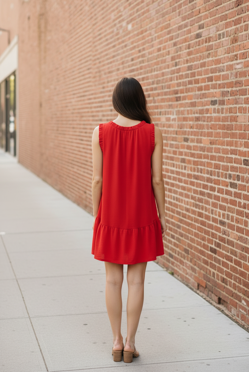 Back view of Umgee tomato red drop waist mini dress showing ruffle neckline and ruffle hem detail, brunette model on urban sidewalk