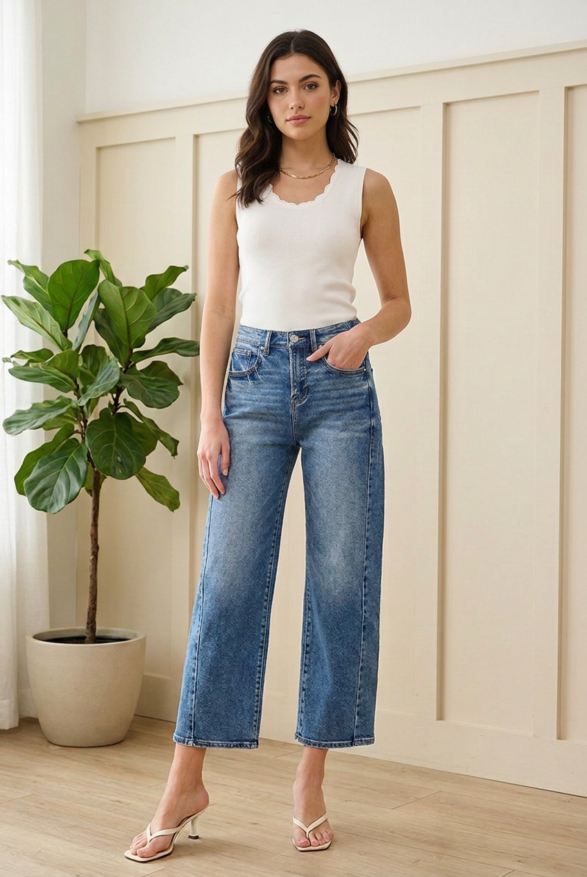 Full-length styling of RISEN high rise cropped barrel jeans with a white sleeveless top and ivory sandals.