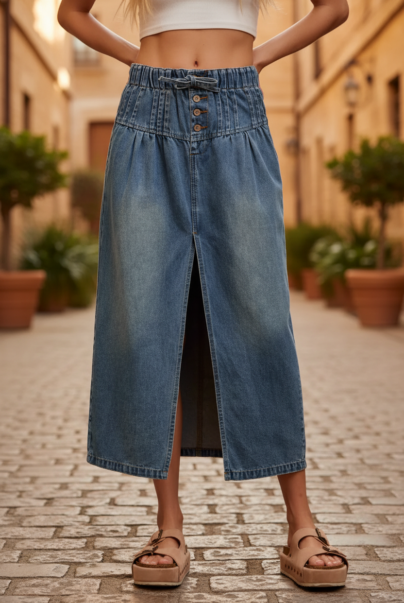 Denim midi skirt waist detail — paperbag elasticated waistband, four-button front placket, gathered pleats, medium wash denim, outdoor setting