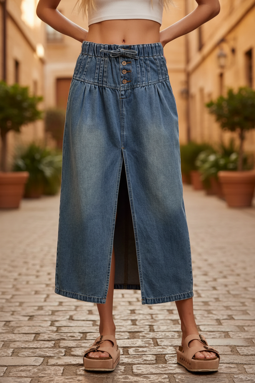 Denim midi skirt waist detail — paperbag elasticated waistband, four-button front placket, gathered pleats, medium wash denim, outdoor setting