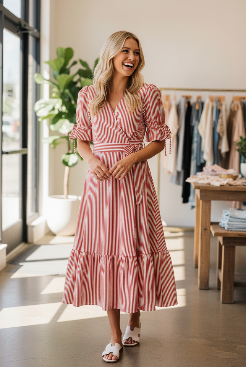 Red and white stripe tiered wrap midi dress with puff sleeves and V-neckline, candid lifestyle fashion photo with white sandals, women's boutique dress available at Thread Bar Boutique