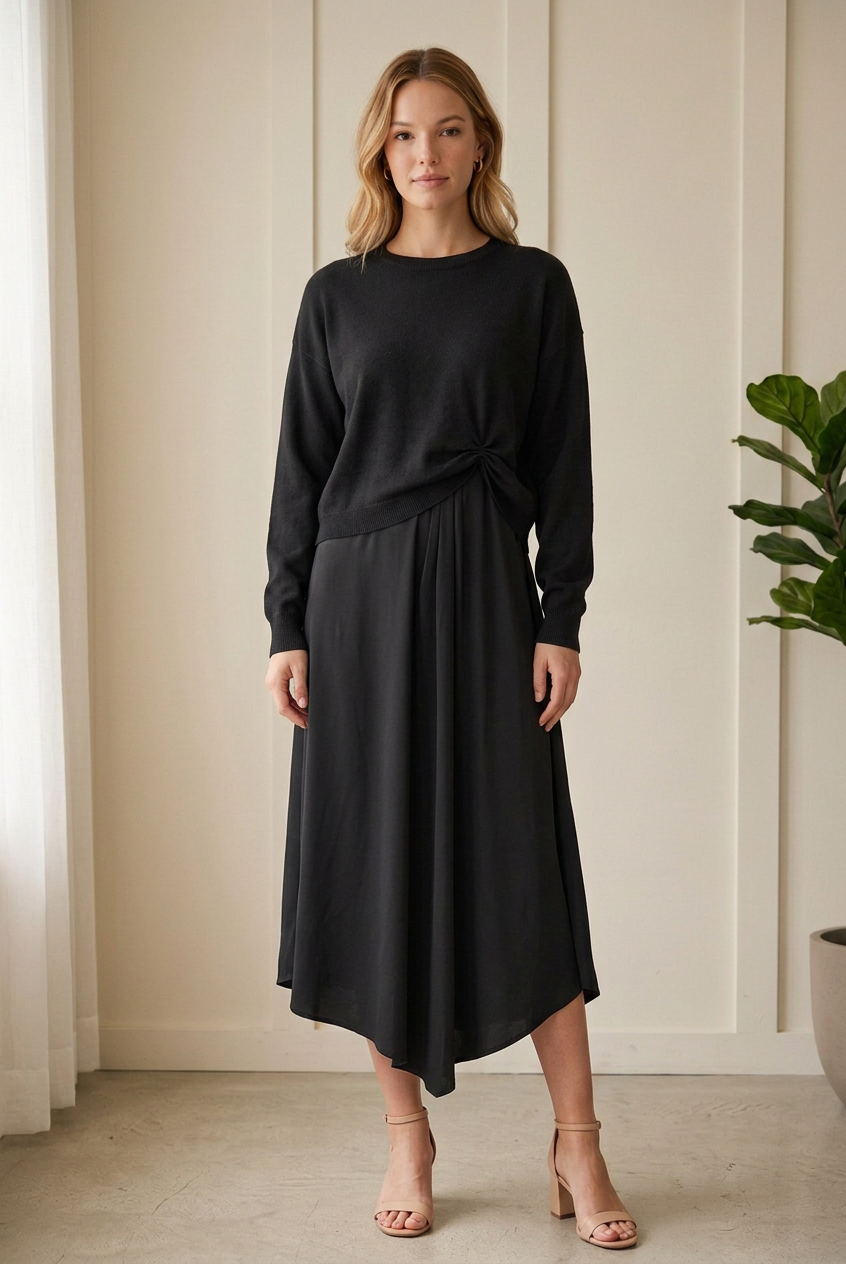 Front view of the Jodifl black knotted sweater and sleeveless midi dress set with front pleat detail and asymmetrical hem.