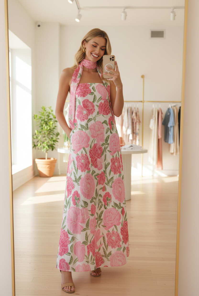 Pink Floral Peony Maxi Dress - Mirror Selfie