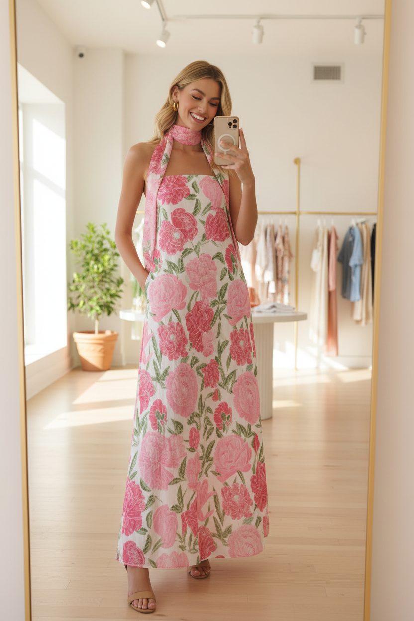Pink Floral Peony Maxi Dress - Mirror Selfie