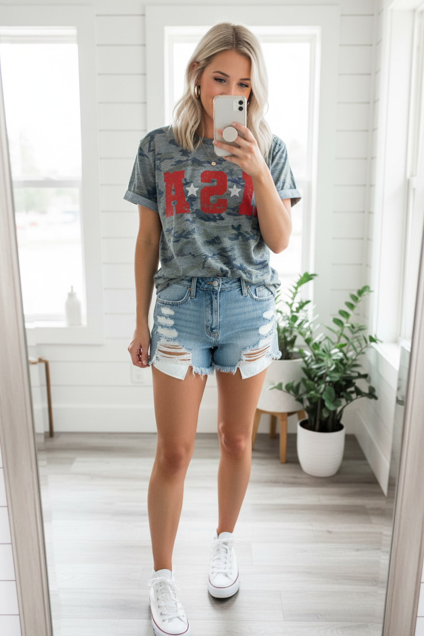 USA silver stars camo graphic tee mirror selfie — full outfit with denim cutoffs and white Converse sneakers