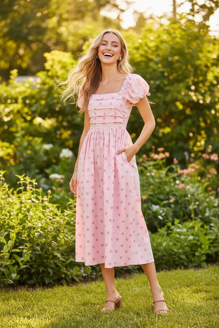 Pink polka dot puff sleeve midi dress full-length view — blonde model laughing square neckline large puff sleeves pintucked bodice gathered skirt garden setting