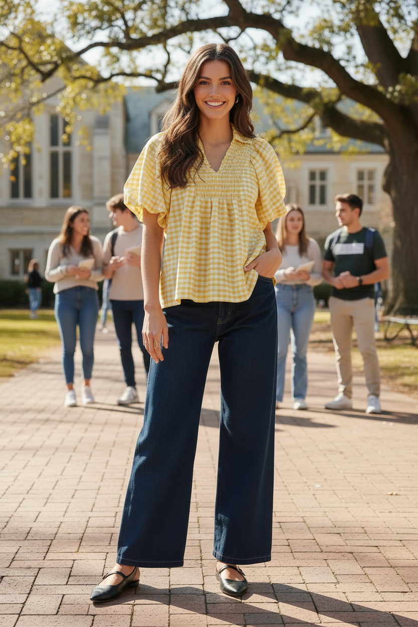 Full body lifestyle shot of Umgee lemon gingham puff sleeve blouse styled with wide-leg dark denim jeans and Mary Jane flats