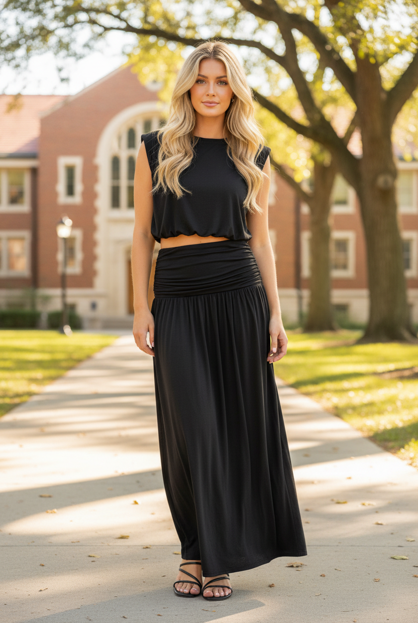 Black sleeveless bubble crop top and ruched waistband maxi skirt set, full body front shot on blonde model on college campus, modal two-piece coordinated set