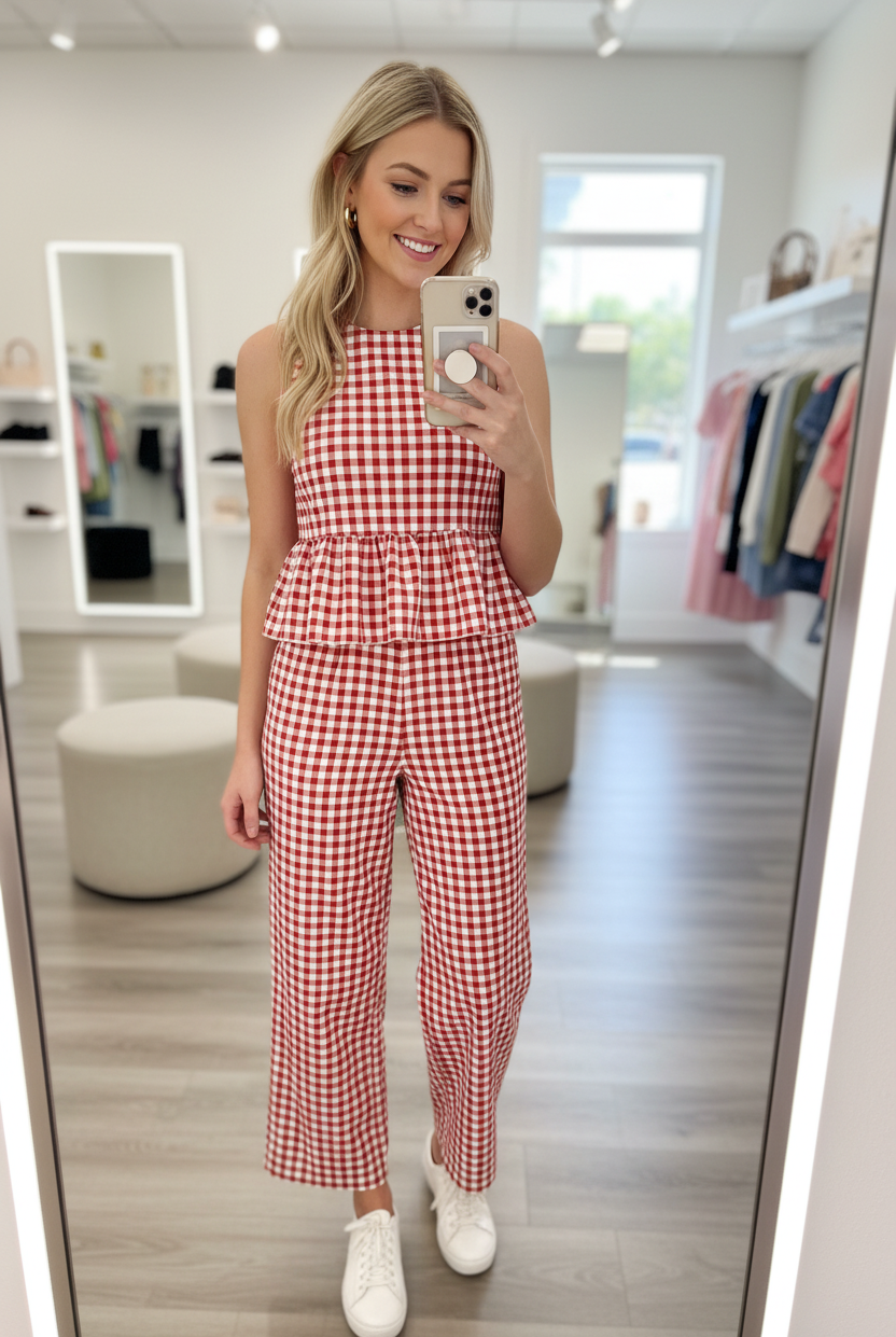 Blonde model taking mirror selfie in boutique dressing room wearing red white gingham peplum top and wide-leg trouser set