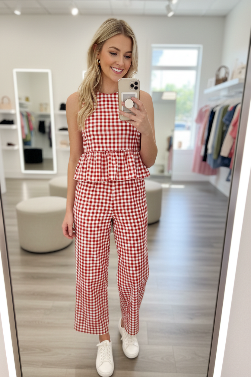 Blonde model taking mirror selfie in boutique dressing room wearing red white gingham peplum top and wide-leg trouser set