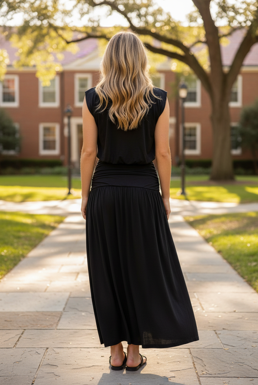 Back view of black modal bubble crop top and flowing ruched waistband maxi skirt set on blonde model, campus courtyard setting, sleeveless two-piece set