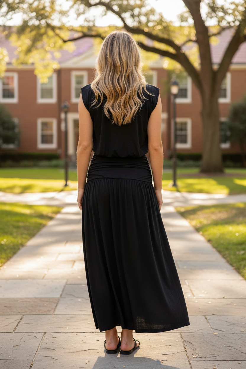 Back view of black modal bubble crop top and flowing ruched waistband maxi skirt set on blonde model, campus courtyard setting, sleeveless two-piece set