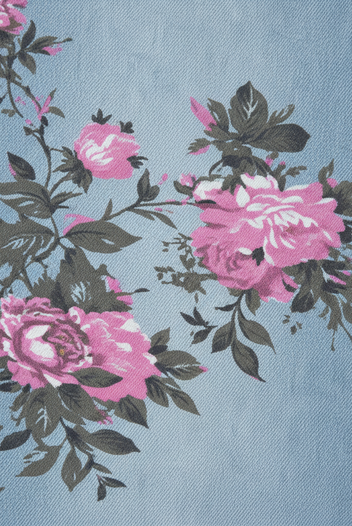 Close-up fabric swatch of sky blue light-wash denim with all-over pink peony floral garden print and green leaves, showing fabric texture and print detail