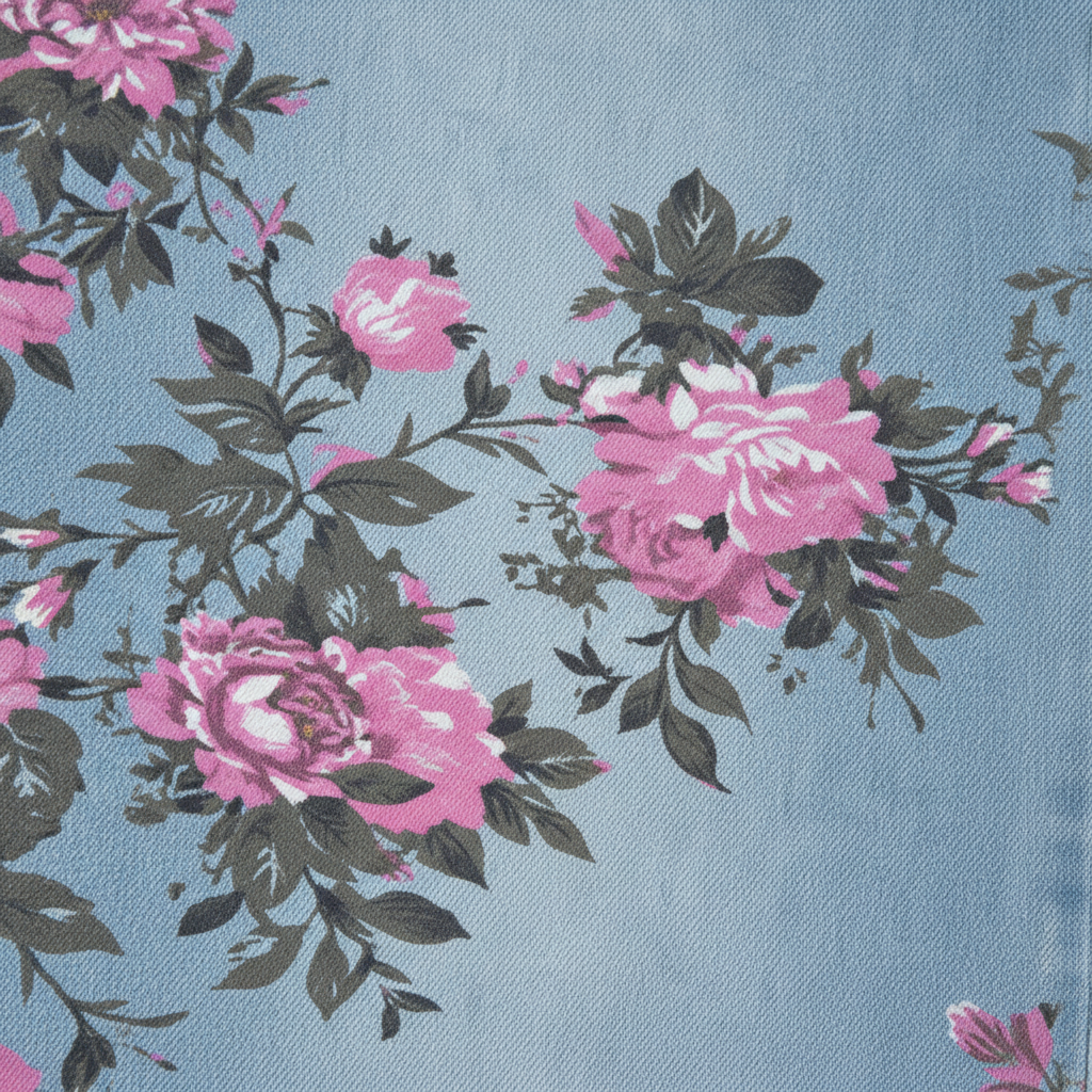 Close-up fabric swatch of sky blue light-wash denim with all-over pink peony floral garden print and green leaves, showing fabric texture and print detail