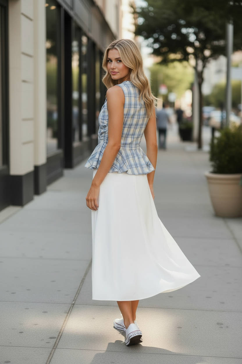 Blue plaid sleeveless peplum top back view — clean back, peplum hem flaring out, styled with white midi skirt