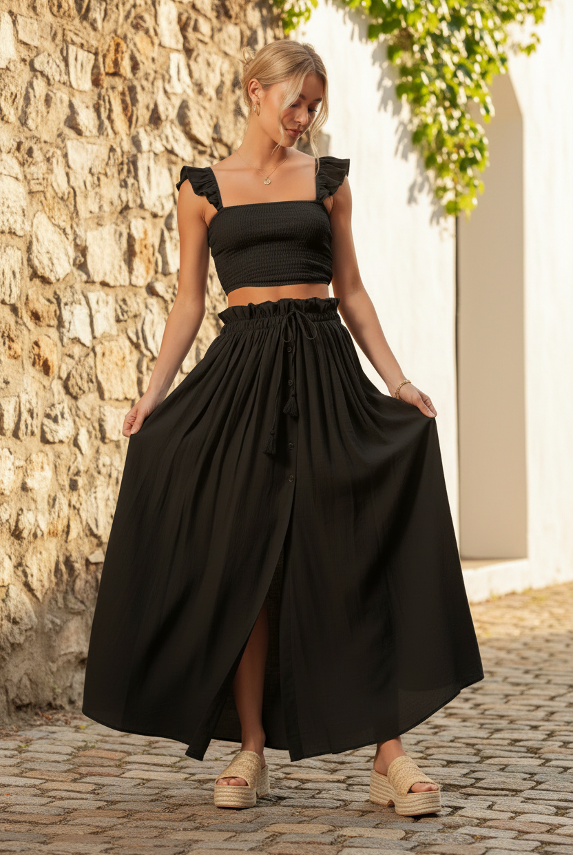 Black smocked crop top with ruffle flutter sleeves and flowing black maxi skirt with drawstring paperbag waist, front view, outdoor lifestyle setting