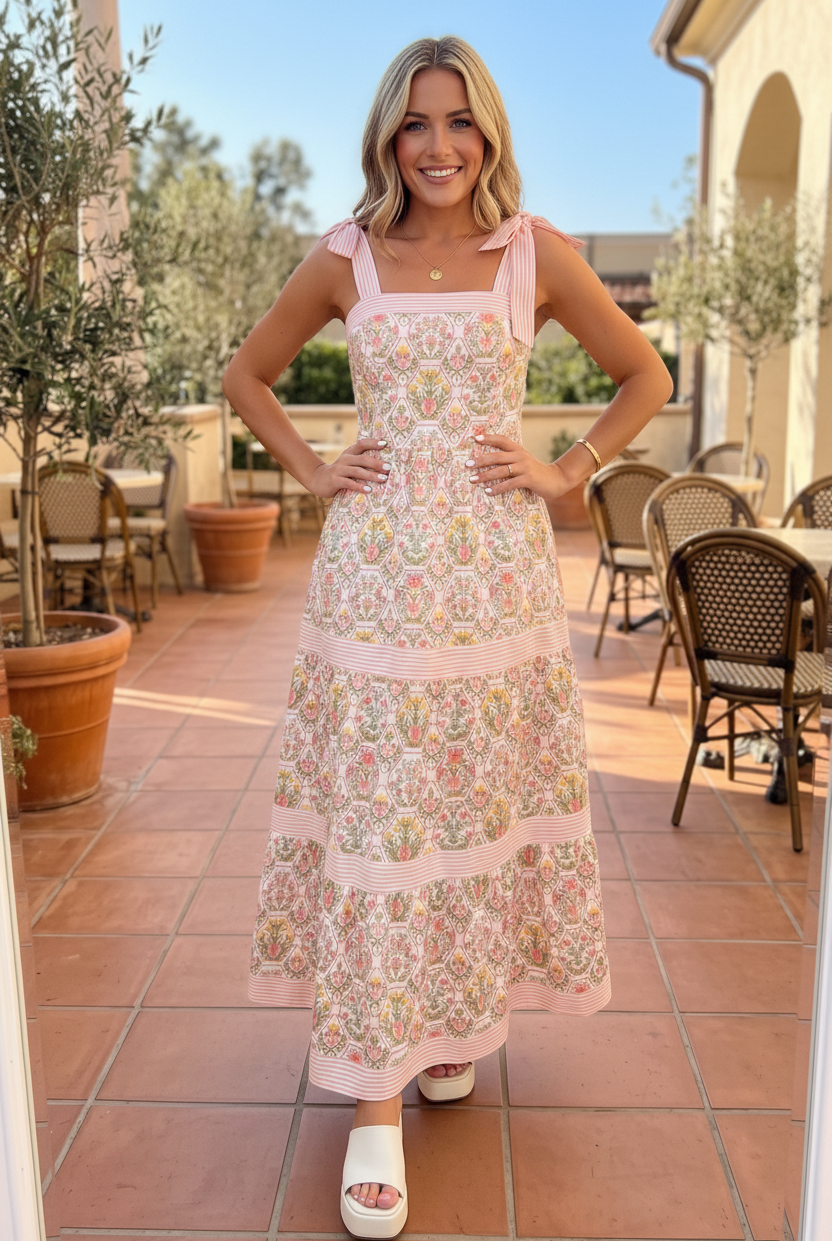 Pink floral print tiered midi dress three-quarter angle view, lightweight cotton blend summer dress with pink striped patchwork and adjustable tie bow straps