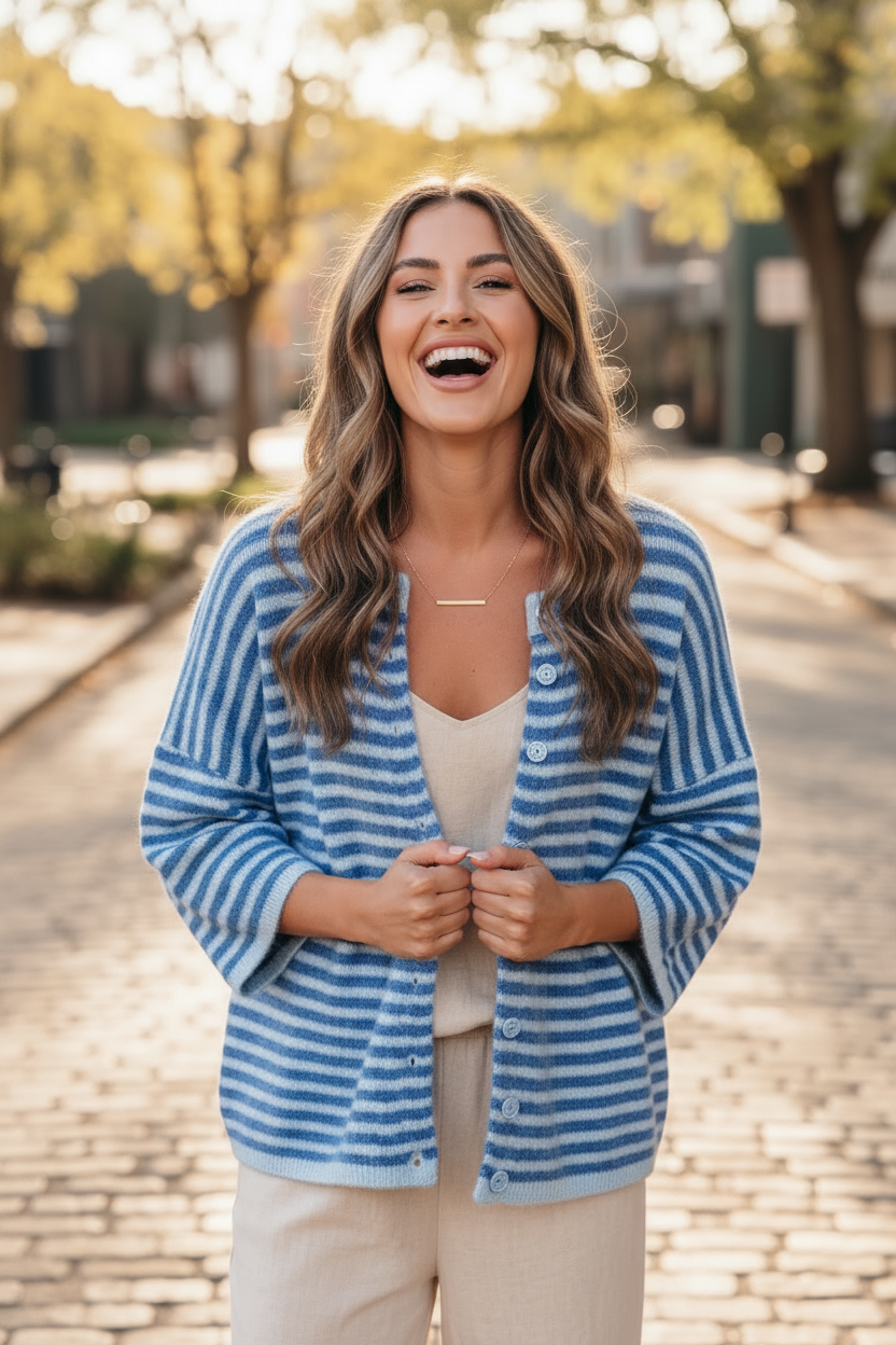 Candid lifestyle photo of brunette woman laughing outdoors holding open blue stripe boxy knit cardigan over cream linen tank top with gold necklace