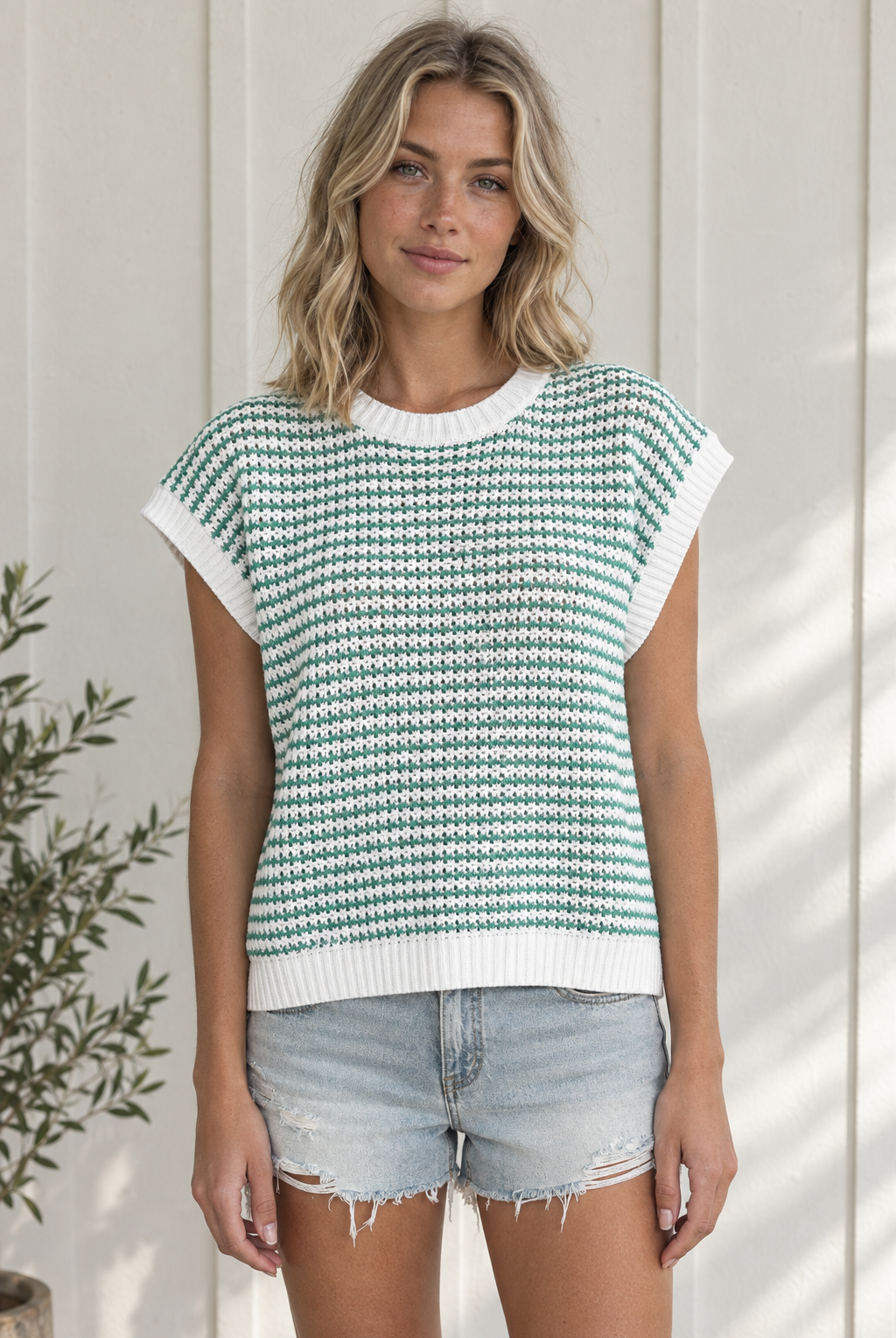 Front view of Coastal Stripe Knit Tank with green and white stripes, white ribbed trim and relaxed sleeveless fit