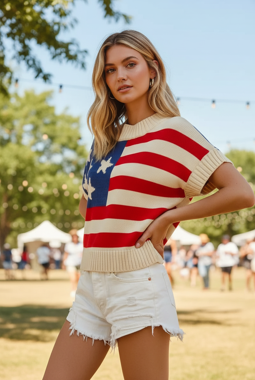 Blonde woman in a cream knit American flag intarsia sweater top with blue star canton and red cream stripes, hands on hips confident pose, three-quarter angle, paired with distressed white denim cutoff shorts
