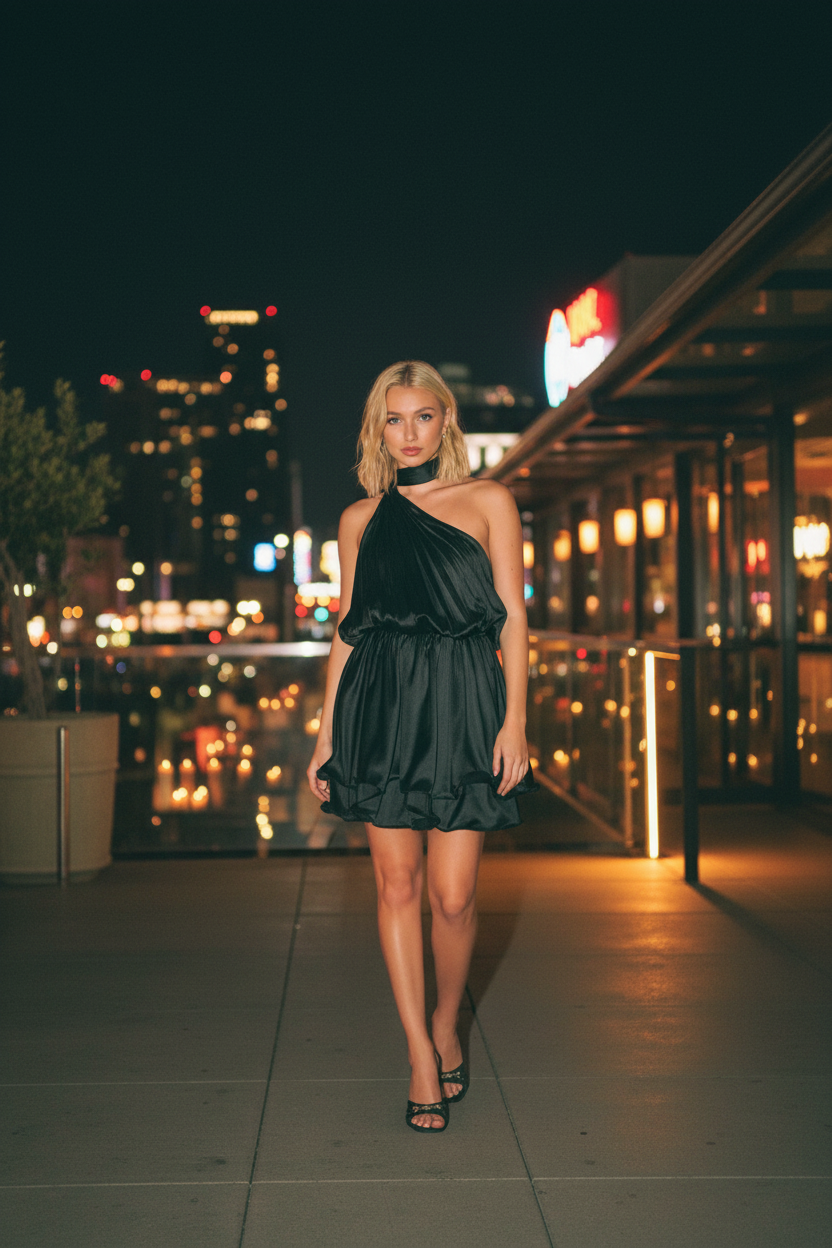 Ruffled one-shoulder scarf neck mini dress with cinched waist in nightlife setting