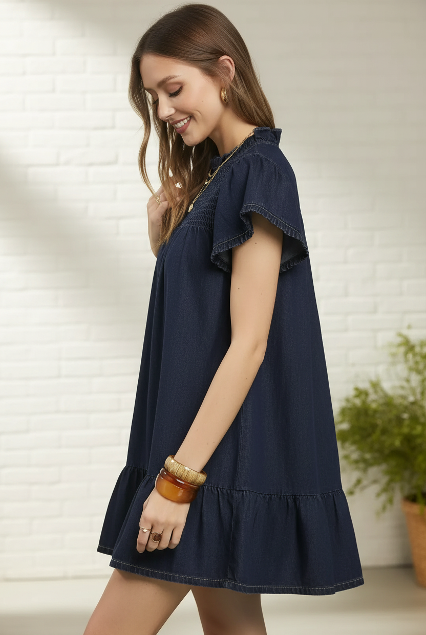 Ruffled Washed Denim Dress - Side Profile