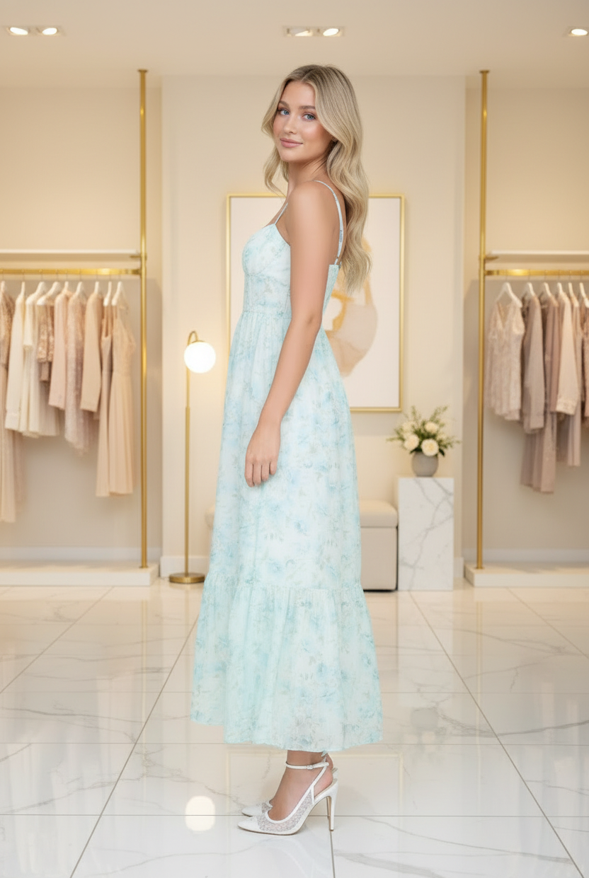 Side profile of mint floral spaghetti strap midi dress with tiered ruffle hem and A-line silhouette, boutique interior background