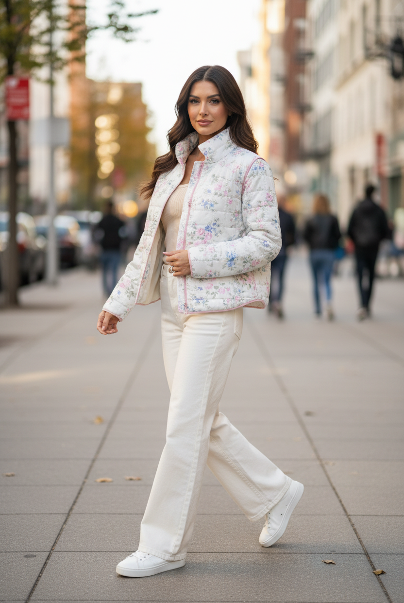Brunette model walking in white floral quilted jacket with white wide leg jeans and white sneakers on city sidewalk