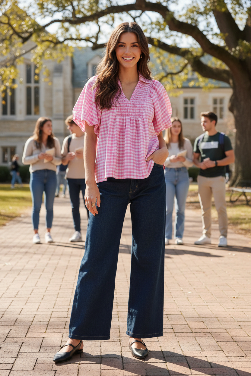 Full body lifestyle shot of Umgee pink gingham puff sleeve blouse styled with wide-leg dark denim jeans and Mary Jane flats