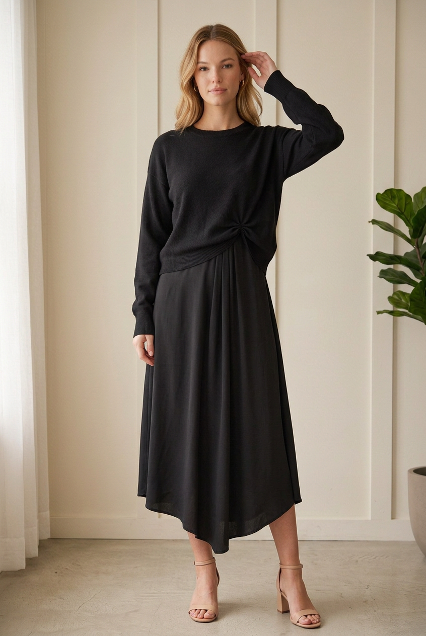 Jodifl black layered dress set with long sleeve textured knit sweater, dropped shoulders, and gathered front knot.