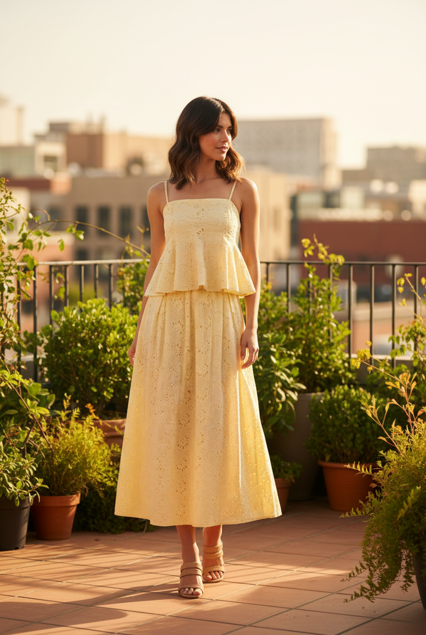 Brunette model in yellow eyelet peplum cami and midi skirt set standing on sun-drenched rooftop terrace with greenery, full body golden hour lifestyle shot