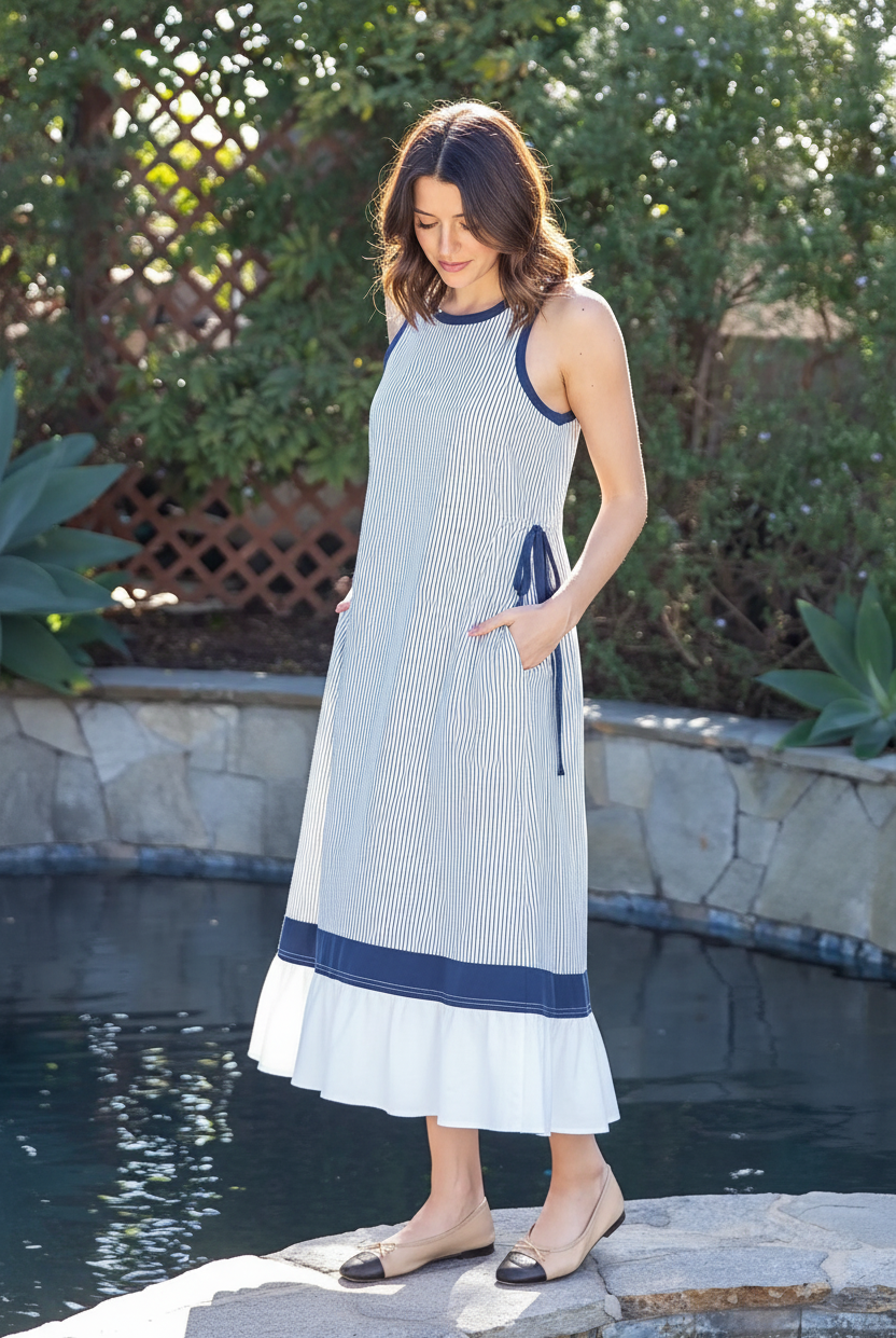 Close-up of navy and white striped maxi dress hem detail showing navy contrast band and white ruffle flounce